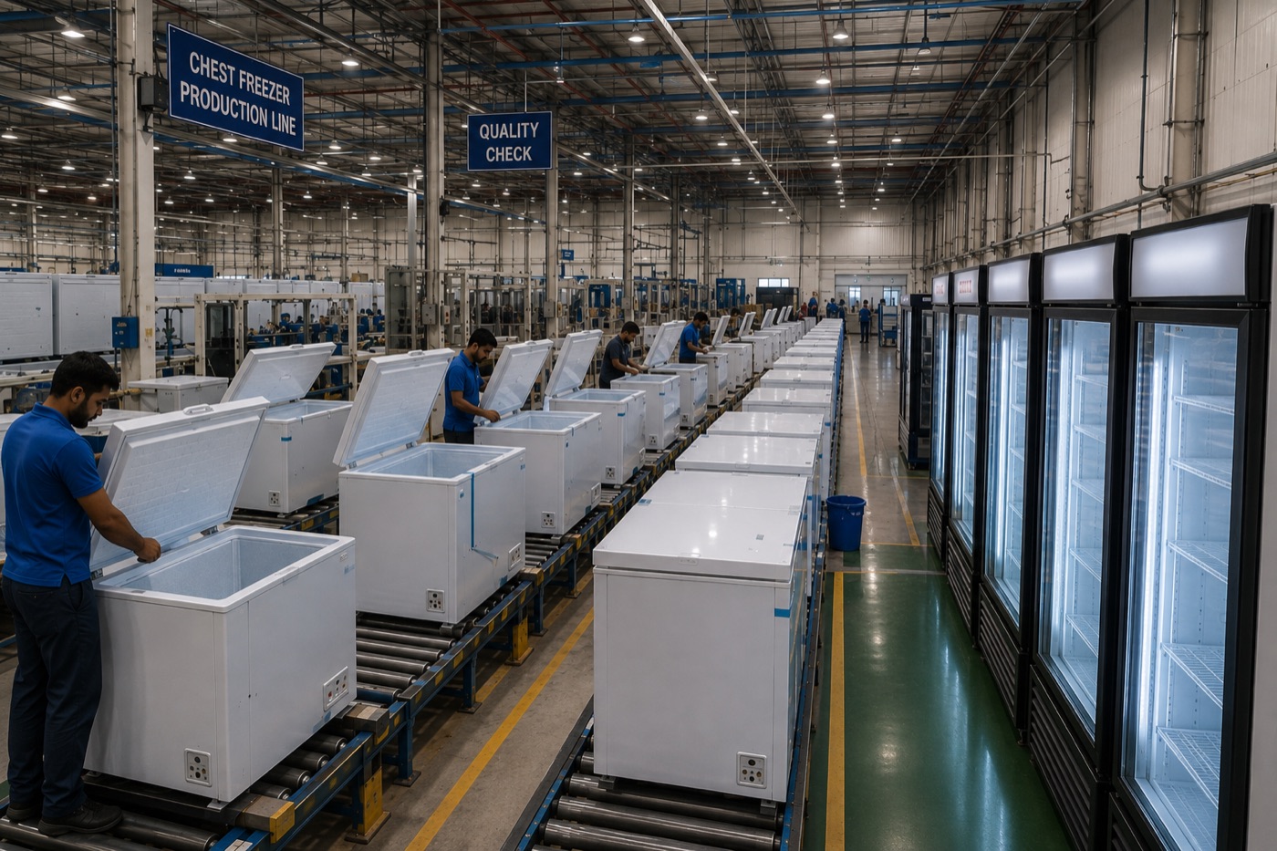 Cold chain manufacturing line with workers assembling chest freezers and coolers for quality check