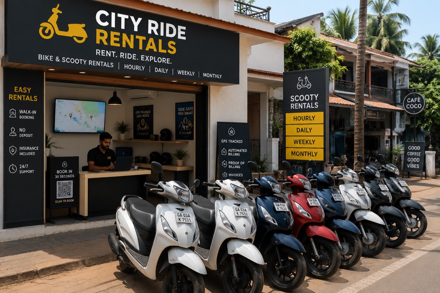 City bike and scooty rental storefront with a row of GPS-tracked scooters ready for hire